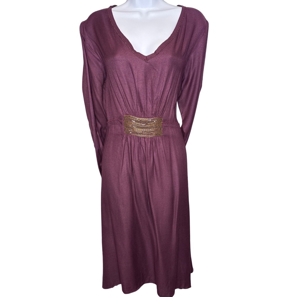 April Cornell Womens Plum Purple Beaded Long Sleeve‎ Midi Dress Sz M Regencycore